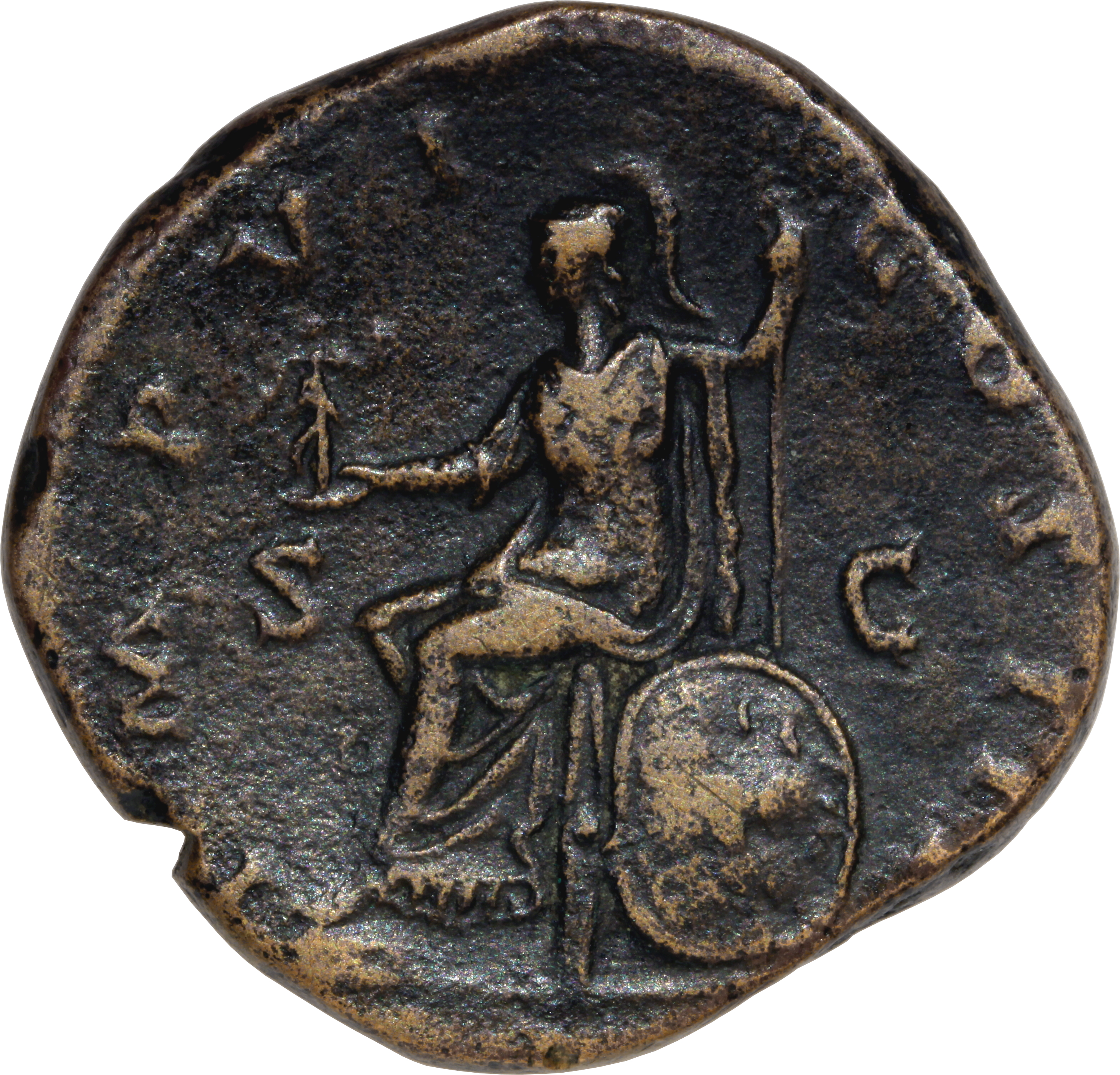 RIC III Marcus Aurelius 1034 Marcus Aurelius reverse, Roma, helmeted, draped, seated left, holding Victory in extended rig...