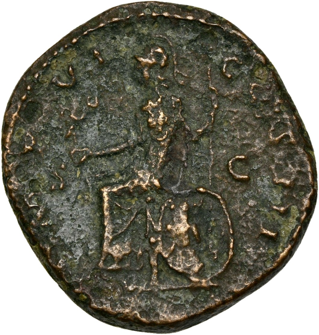 RIC III Marcus Aurelius 1035 Marcus Aurelius reverse, Roma, helmeted, draped, seated left, holding Victory in extended rig...