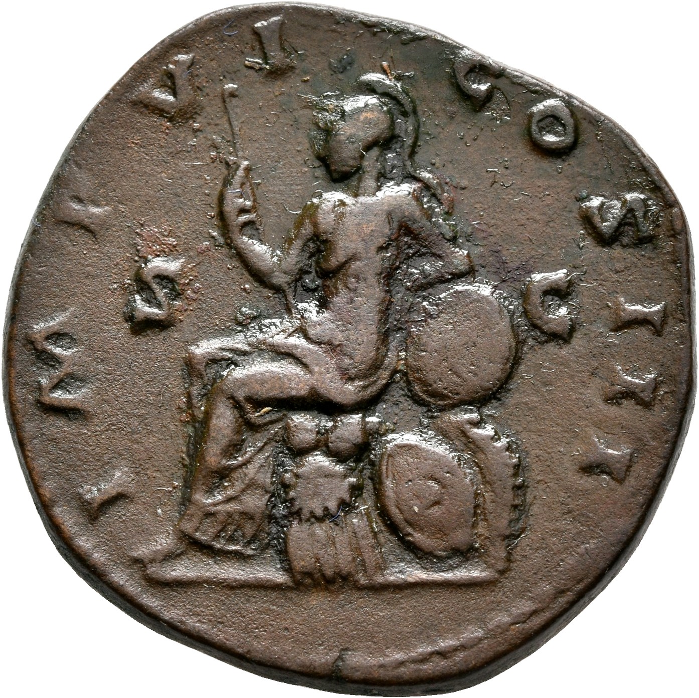 RIC III Marcus Aurelius 1037 Marcus Aurelius reverse, Roma, helmeted, draped, seated left on cuirass, holding sceptre in r...