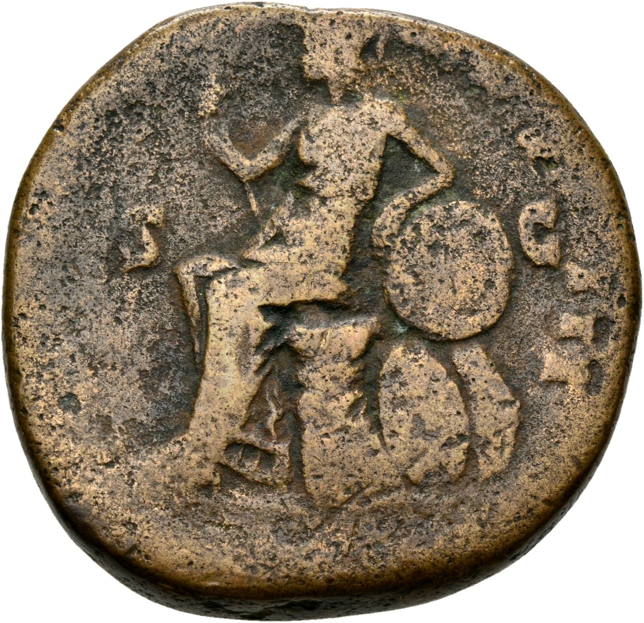 RIC III Marcus Aurelius 1037 Marcus Aurelius reverse — Roma, helmeted, draped, seated left on cuirass, holding sceptre in ...