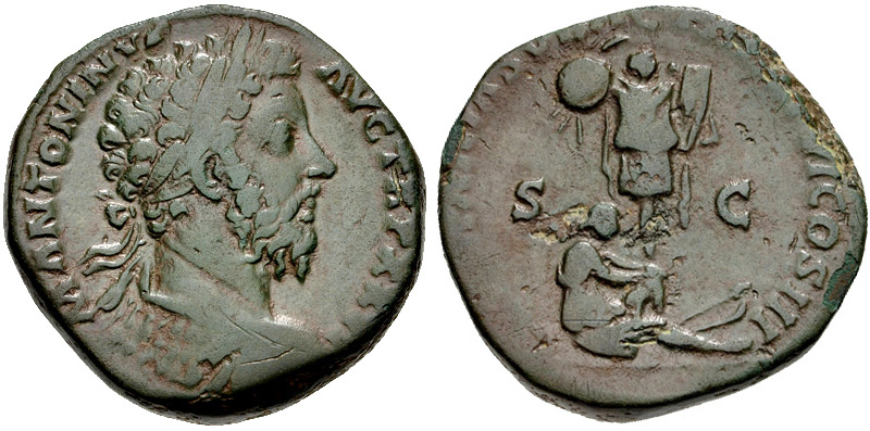 RIC III Marcus Aurelius 1054 Marcus Aurelius obverse, Bust of Marcus Aurelius, laureate, cuirassed, right