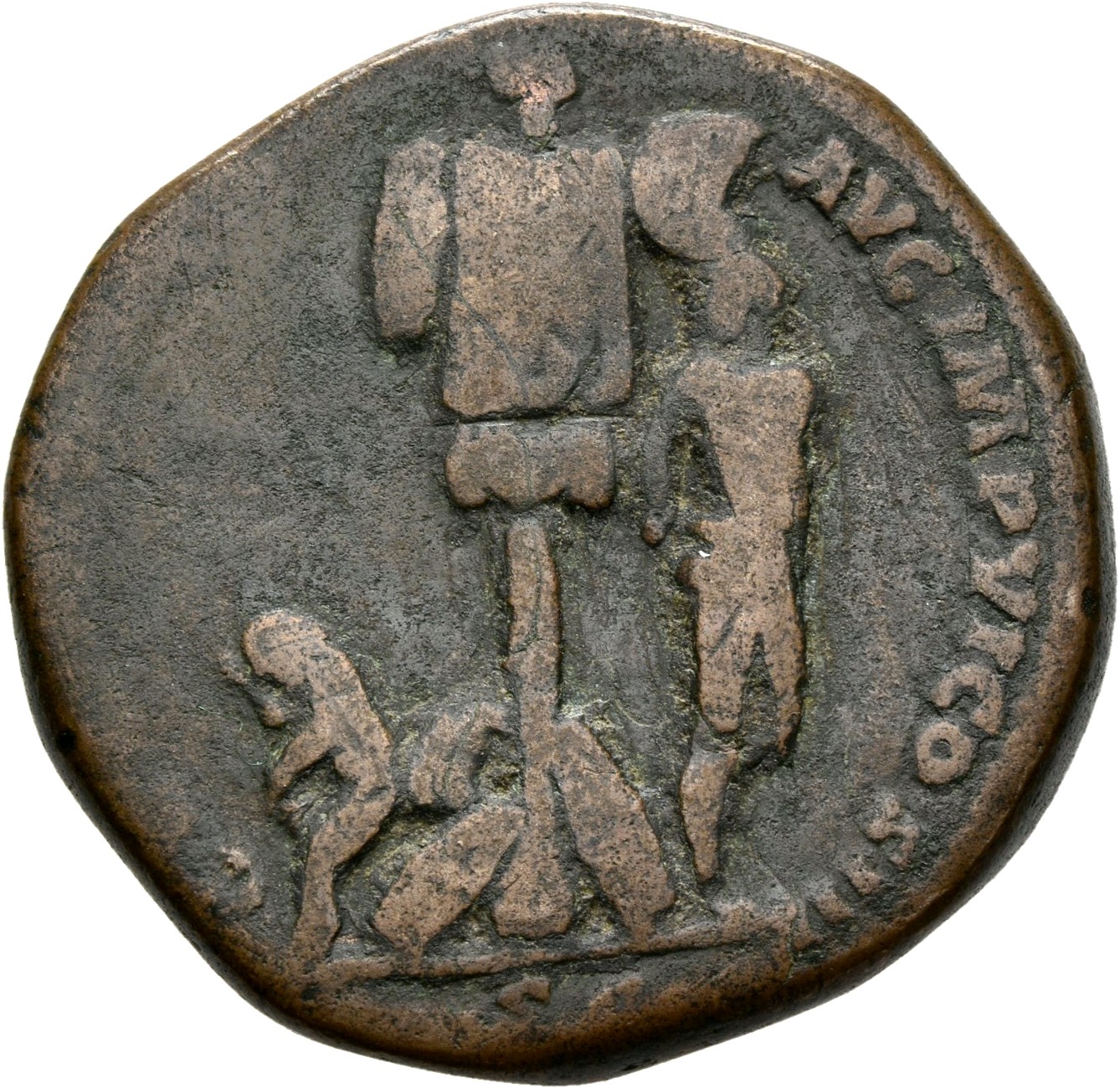 RIC III Marcus Aurelius 1058 Marcus Aurelius reverse — Trophy with shields at foot; to left, German woman, seated left on ...