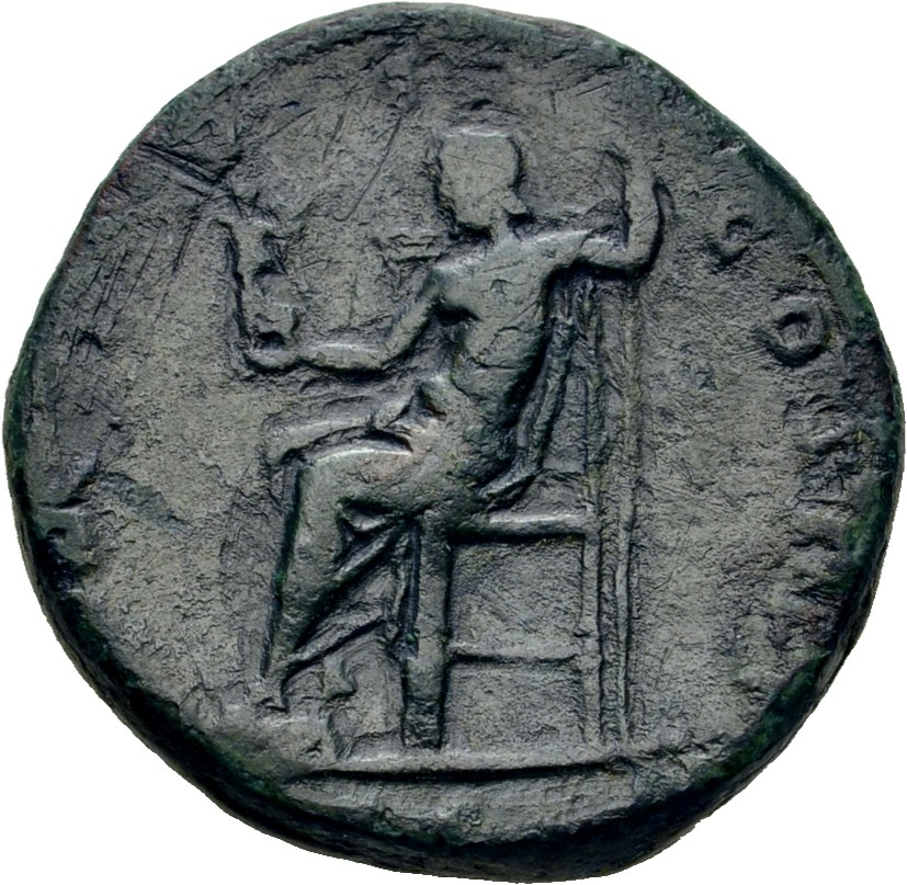 RIC III Marcus Aurelius 1064 Marcus Aurelius reverse — Jupiter, naked to waist, seated left on throne, holding Victory, st...