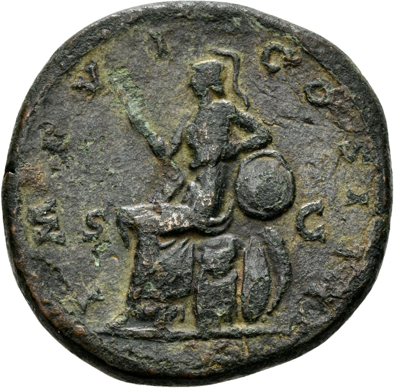 RIC III Marcus Aurelius 1066 Marcus Aurelius reverse, Roma, helmeted, draped, seated left on cuirass, holding sceptre in r...