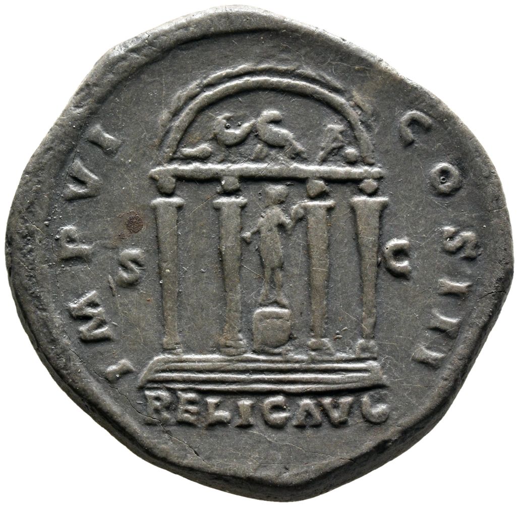 RIC III Marcus Aurelius 1074 Marcus Aurelius reverse, Statue of Mercury, wearing petasus and short robe, standing front, h...