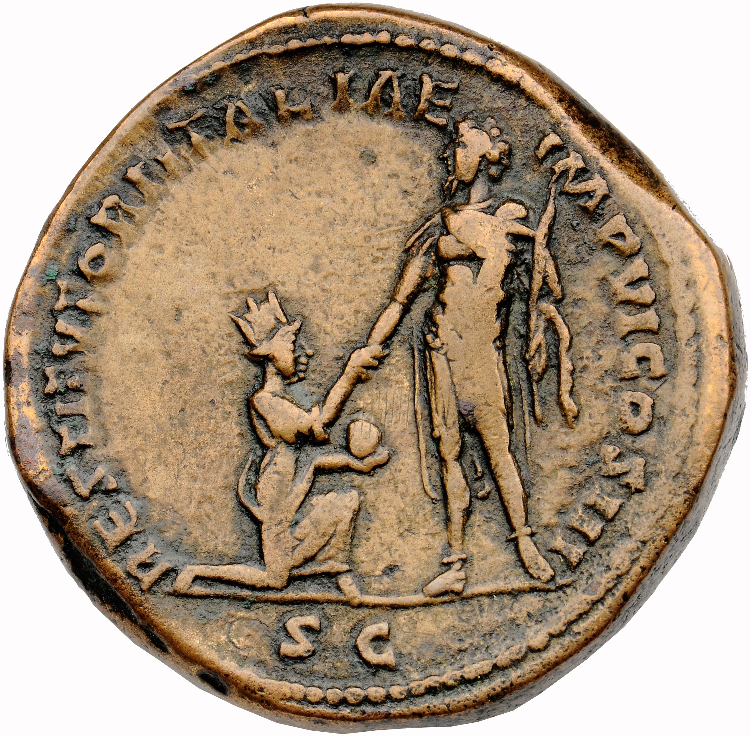 RIC III Marcus Aurelius 1077 Marcus Aurelius reverse — Marcus Aurelius, in military dress, standing left, holding sceptre ...