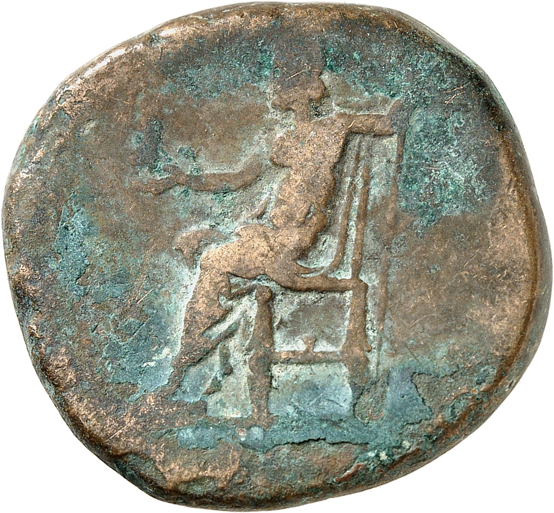 RIC III Marcus Aurelius 1097 Marcus Aurelius reverse — Jupiter, naked to waist, seated left on throne, holding Victory, st...