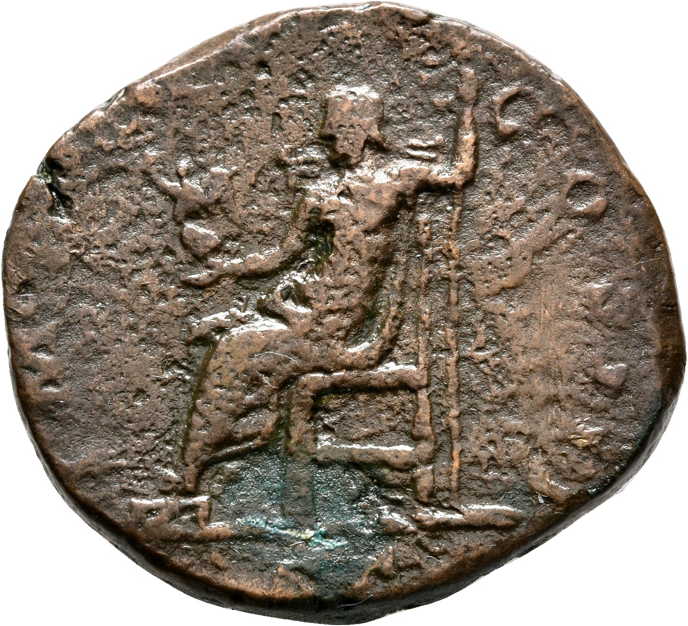 RIC III Marcus Aurelius 1098 Marcus Aurelius reverse, Jupiter, naked to waist, seated left on throne, holding Victory, sta...