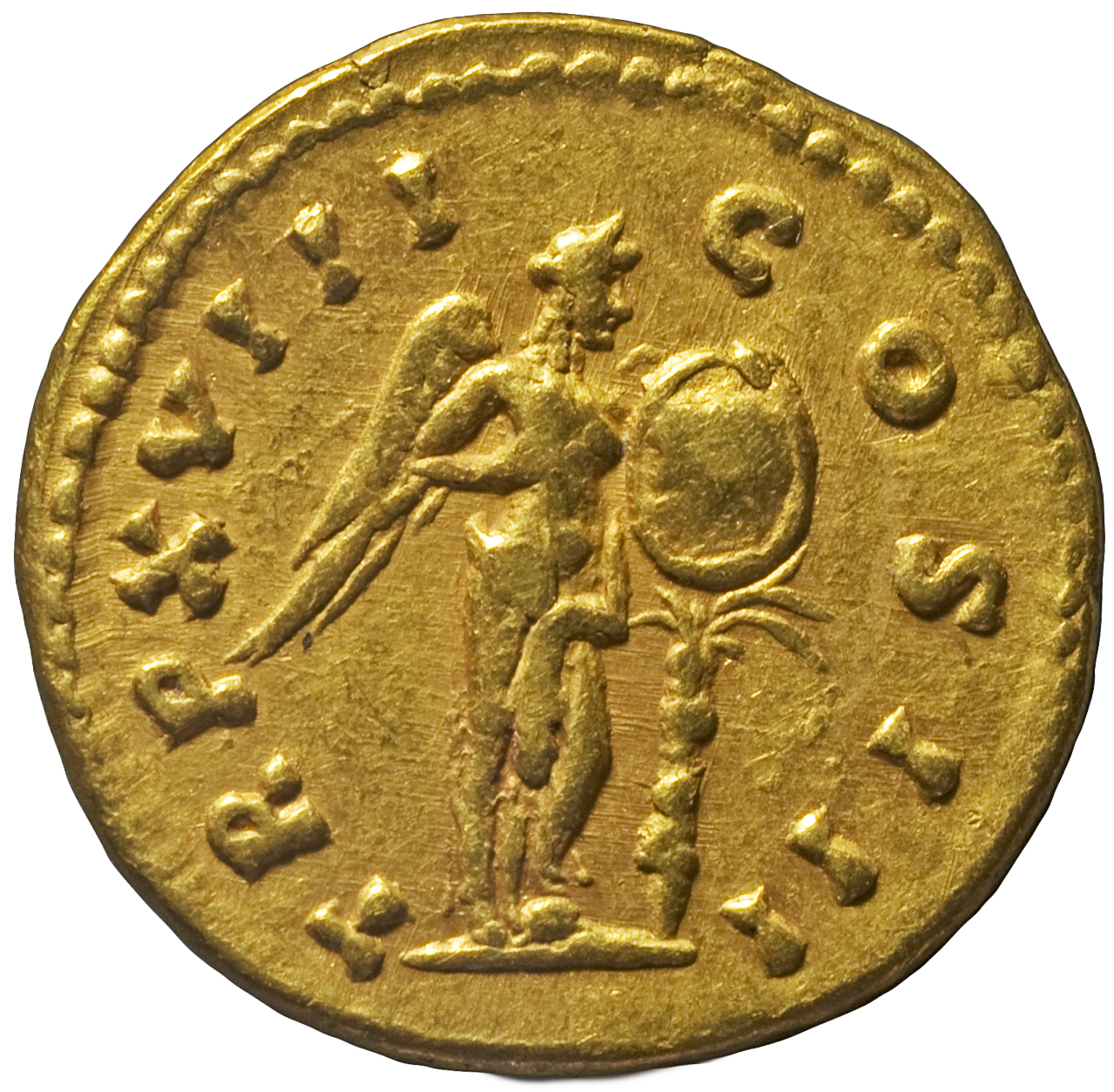 RIC III Marcus Aurelius 115 Marcus Aurelius reverse, Victory, winged, standing right, placing shield on palm-tree