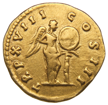 RIC III Marcus Aurelius 116 Marcus Aurelius reverse, Victory, winged, standing right, placing shield on palm-tree
