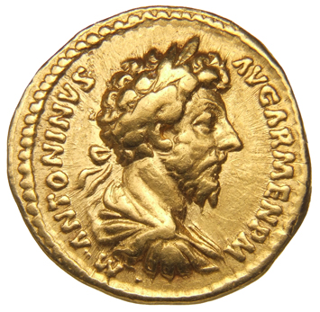 RIC III Marcus Aurelius 116 Marcus Aurelius obverse, Bust of Marcus Aurelius, laureate, draped, cuirassed, right
