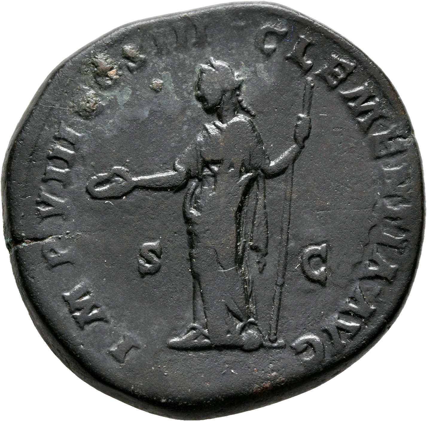 RIC III Marcus Aurelius 1161 Marcus Aurelius reverse, Clementia, draped, standing left, holidng patera in right hand and s...