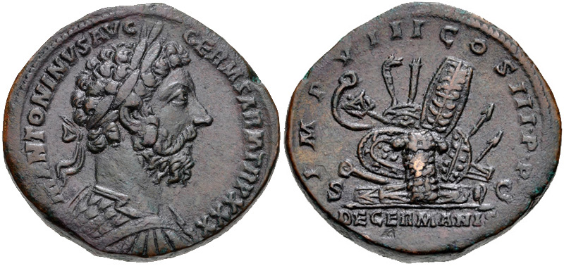 RIC III Marcus Aurelius 1184 Marcus Aurelius reverse, Pile of arms