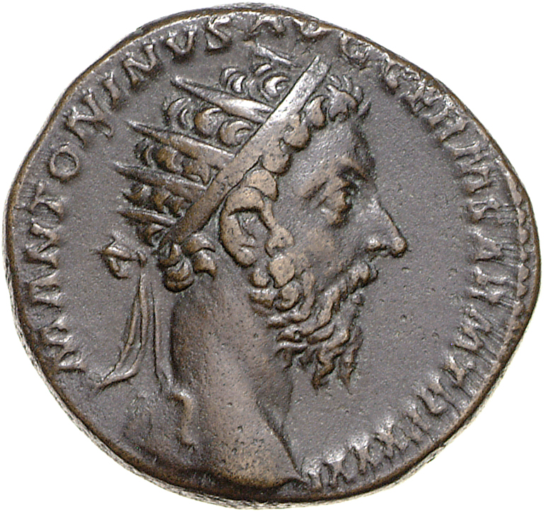 RIC III Marcus Aurelius 1186 Marcus Aurelius obverse, Head of Marcus Aurelius, radiate, right