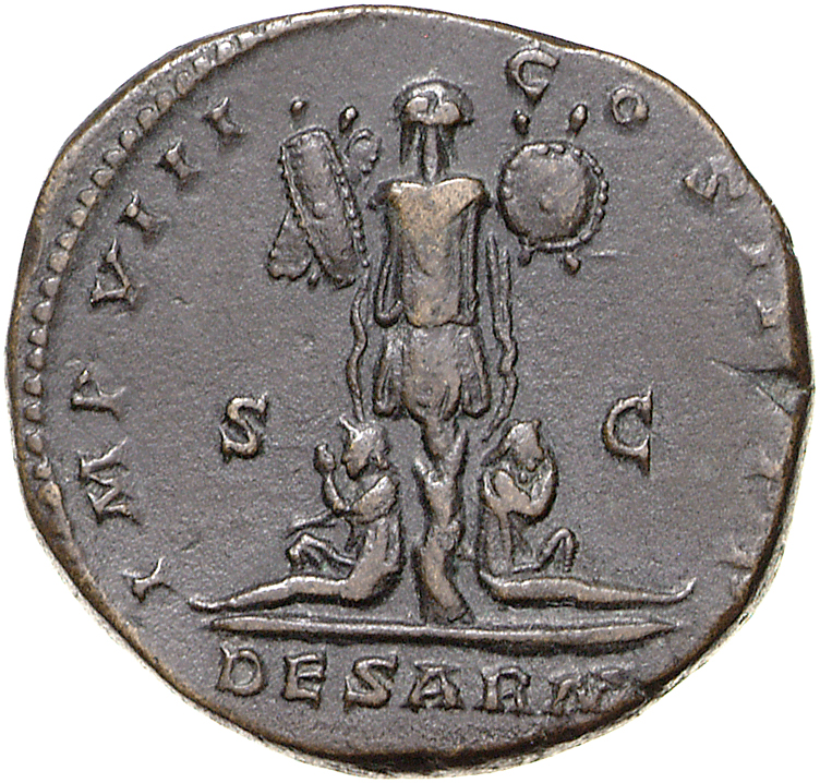 RIC III Marcus Aurelius 1186 Marcus Aurelius reverse, Trophy at base of which, Sarmatian woman, seated left, and Sarmatian...