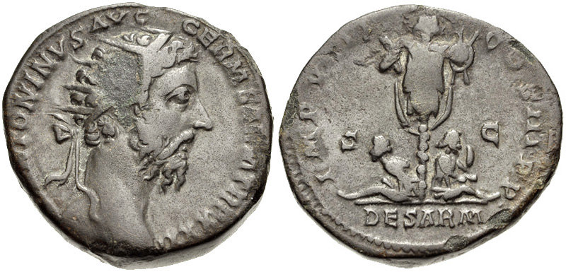RIC III Marcus Aurelius 1188 Marcus Aurelius obverse, Head of Marcus Aurelius, radiate, right