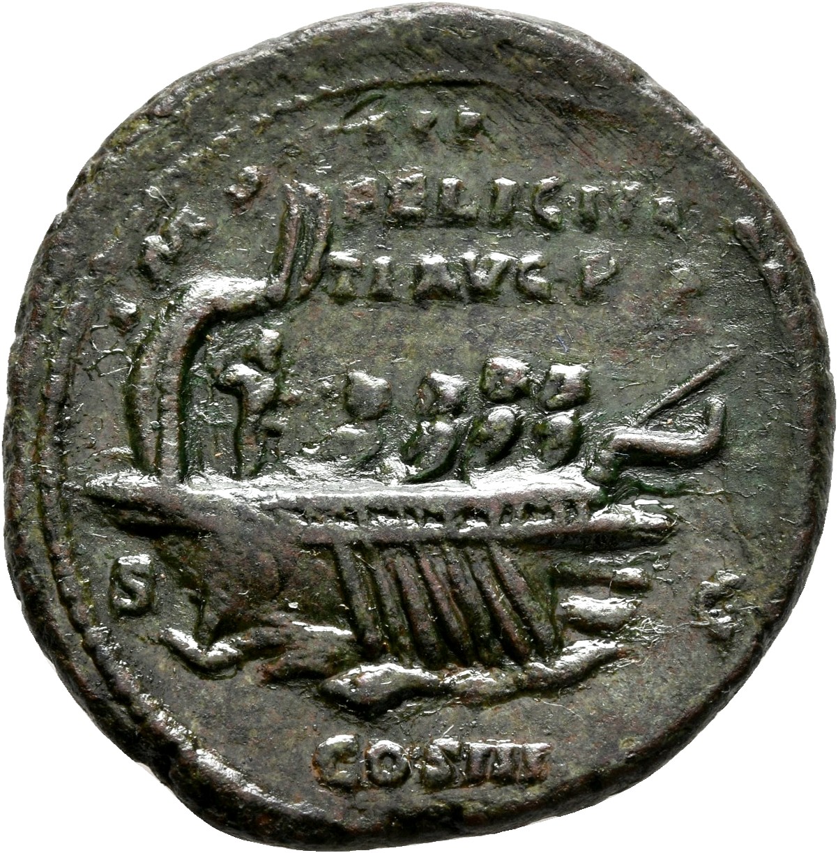 RIC III Marcus Aurelius 1195 Marcus Aurelius reverse, Galley with three or four rowers, facing right; on the stern, Neptun...