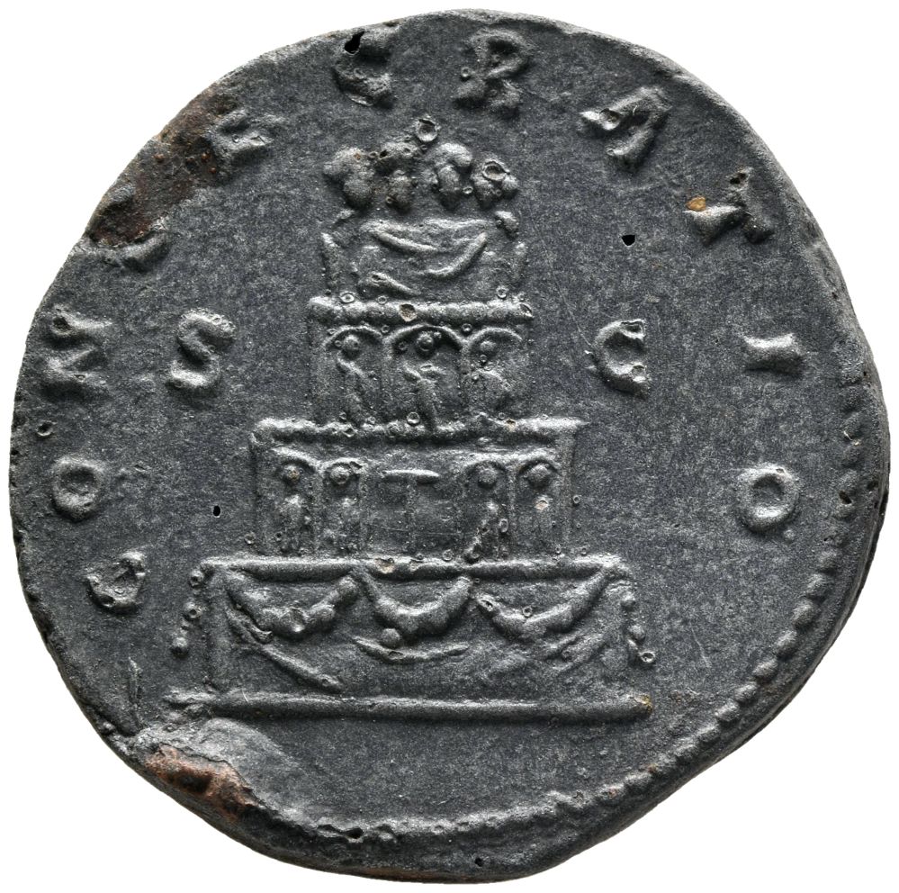 RIC III Marcus Aurelius 1266 Marcus Aurelius reverse, Pyre in four tiers, decorated with swagged hangings an garlands, sur...