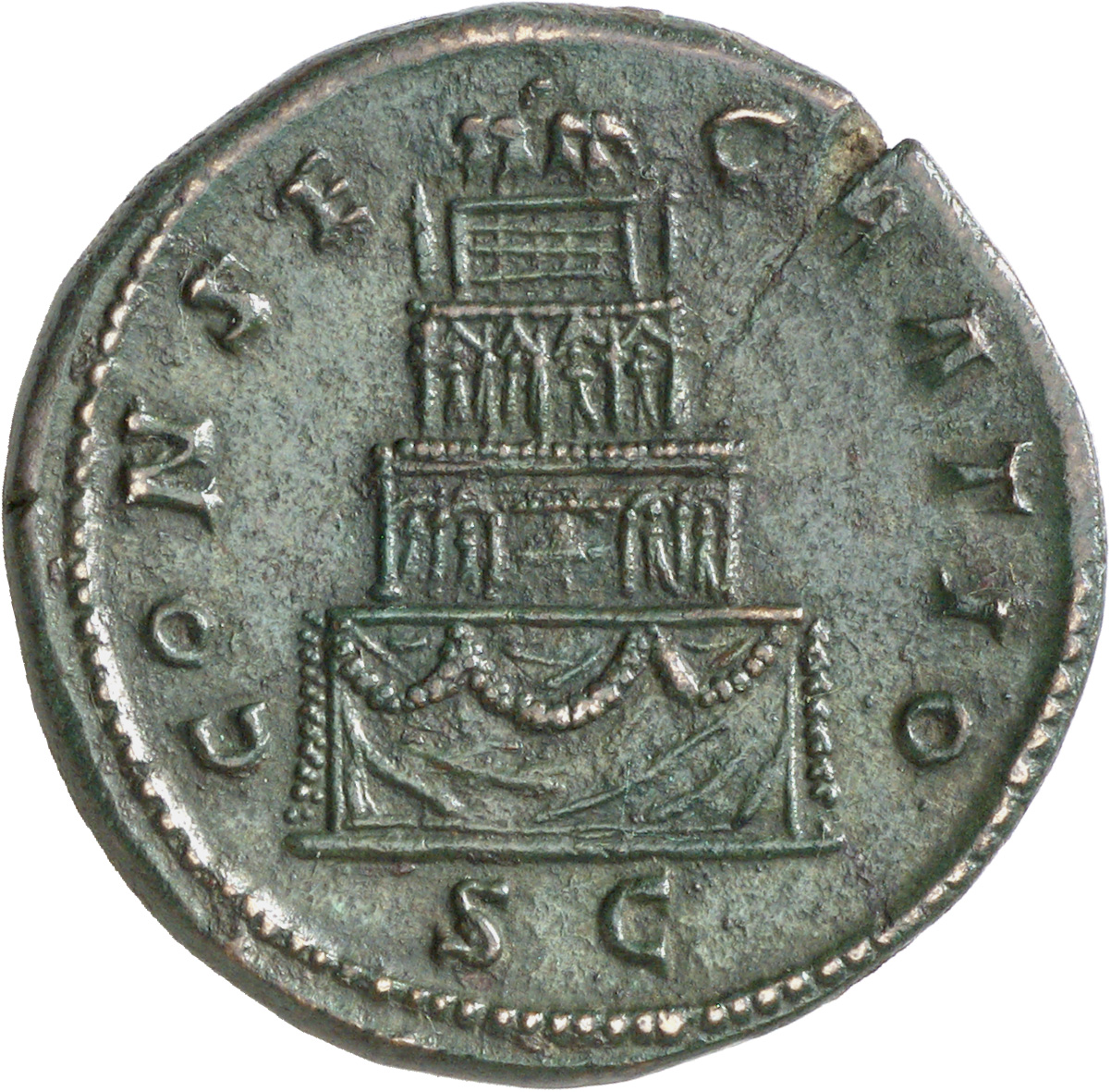RIC III Marcus Aurelius 1268 Marcus Aurelius reverse, Pyre in four tiers, decorated with swagged hangings an garlands, sur...