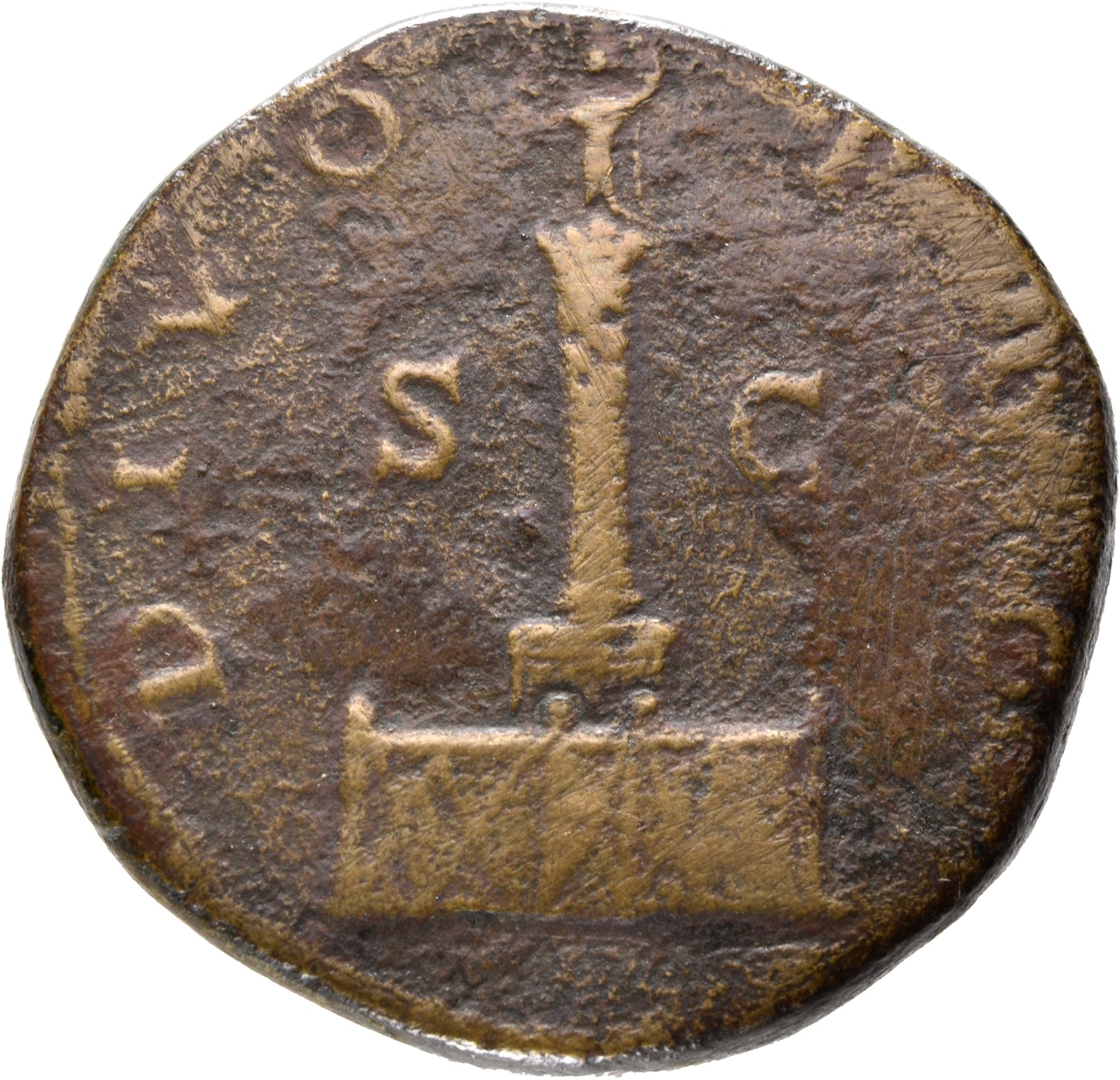 RIC III Marcus Aurelius 1269 Marcus Aurelius reverse, Corinthian column set on base and surmounted by statue of Divus Anto...