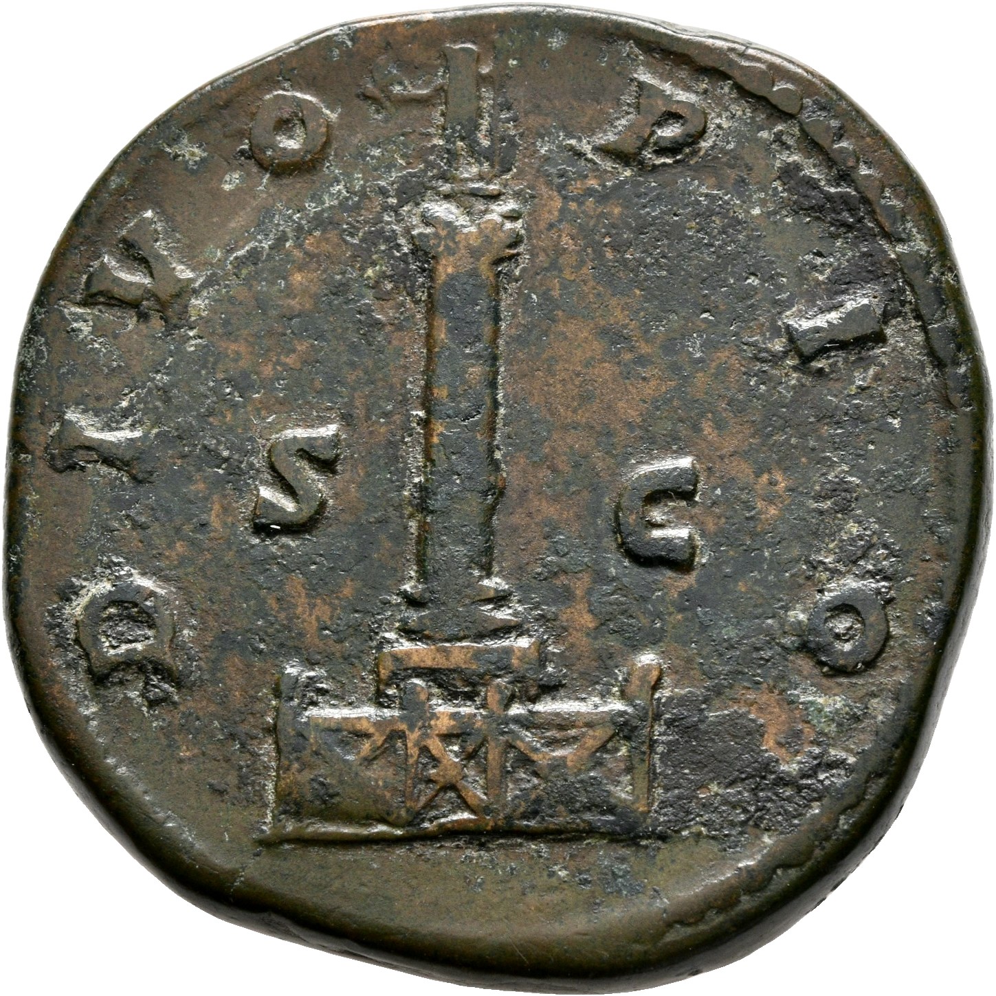 RIC III Marcus Aurelius 1269 Marcus Aurelius reverse, Corinthian column set on base and surmounted by statue of Divus Anto...