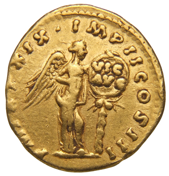 RIC III Marcus Aurelius 128 Marcus Aurelius reverse, Victory, winged, naked to waist, standing front, head right, setting ...
