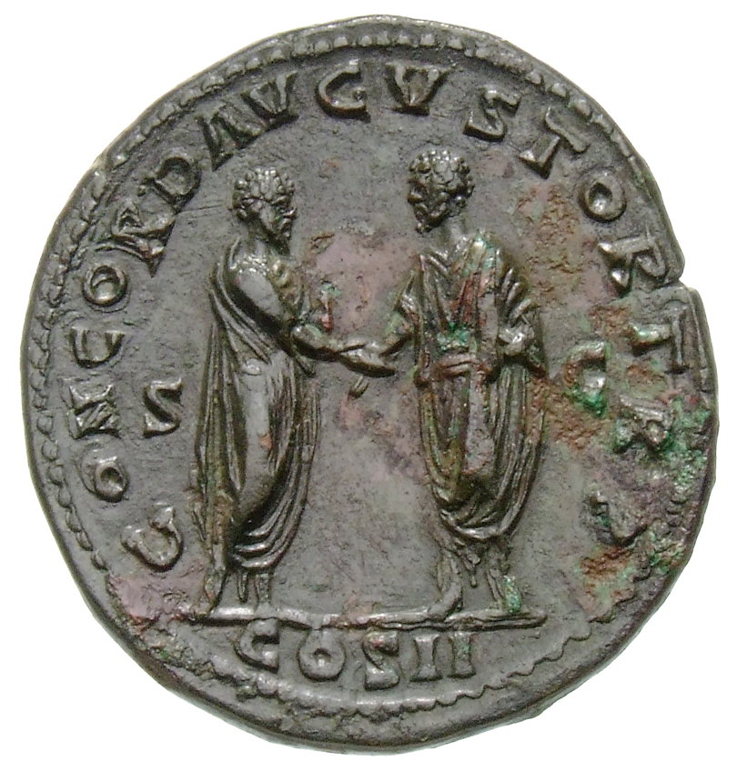 RIC III Marcus Aurelius 1284 Marcus Aurelius reverse, Marcus Aurelius and Lucius Verus, togate, standing right and left, c...