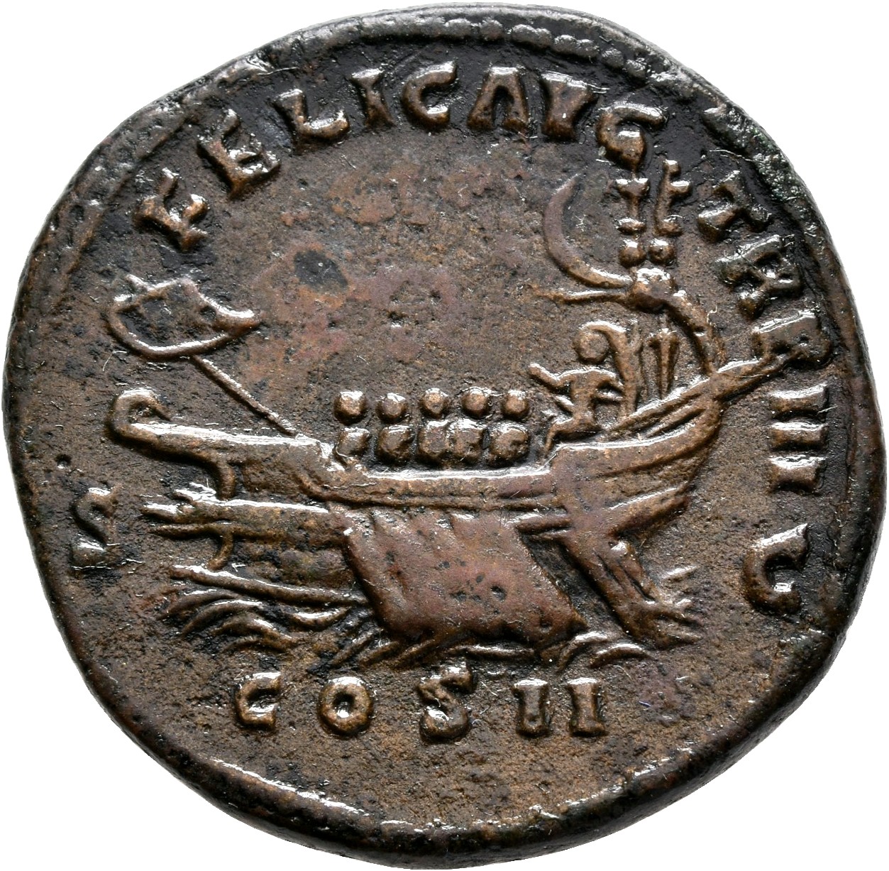 RIC III Marcus Aurelius 1329 Marcus Aurelius reverse, Galley with pilot and rowers, sitting left; at helm, two standards a...