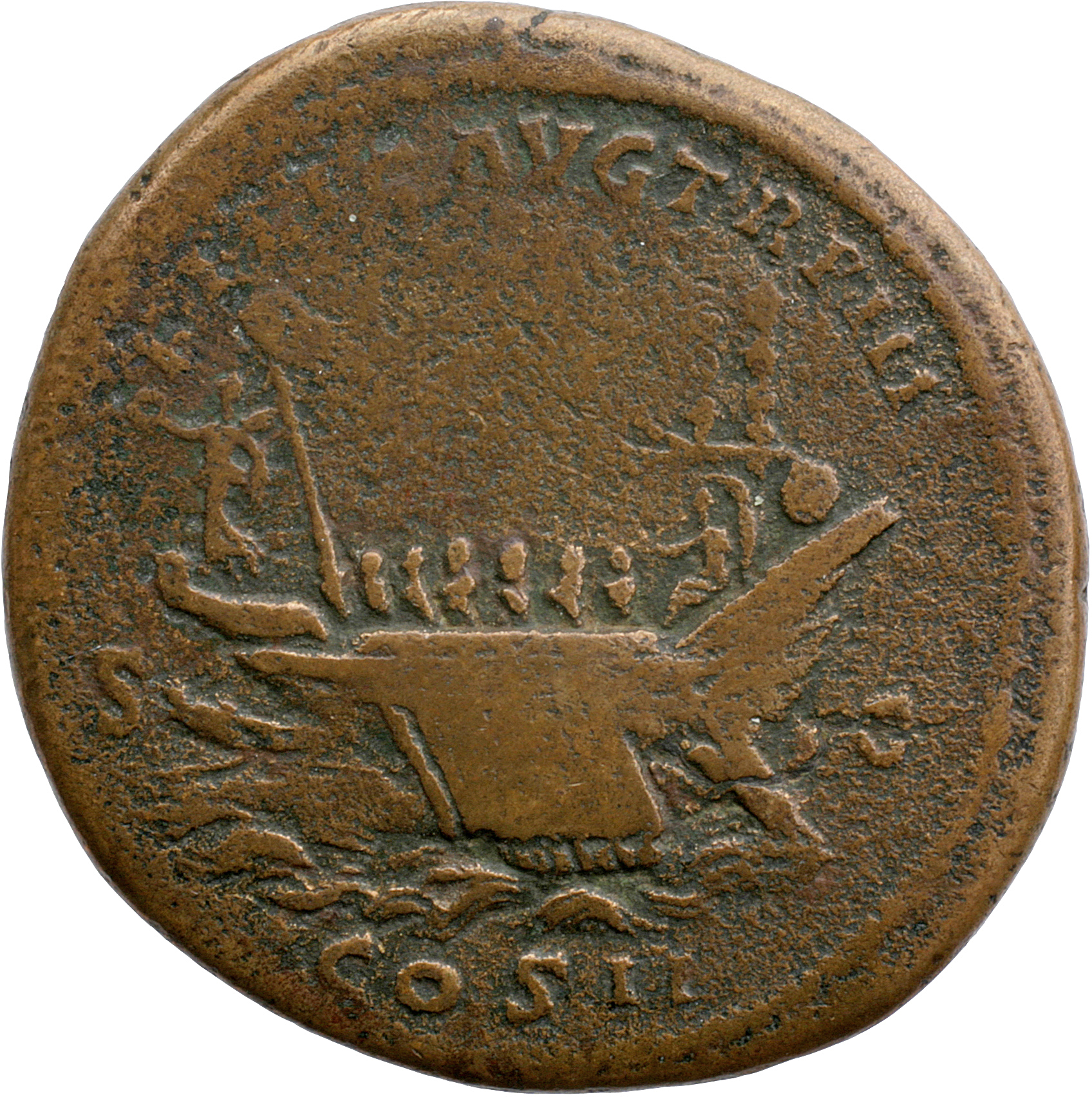 RIC III Marcus Aurelius 1333 Marcus Aurelius reverse, Galley with pilot and rowers, sitting left; at helm, two standards a...