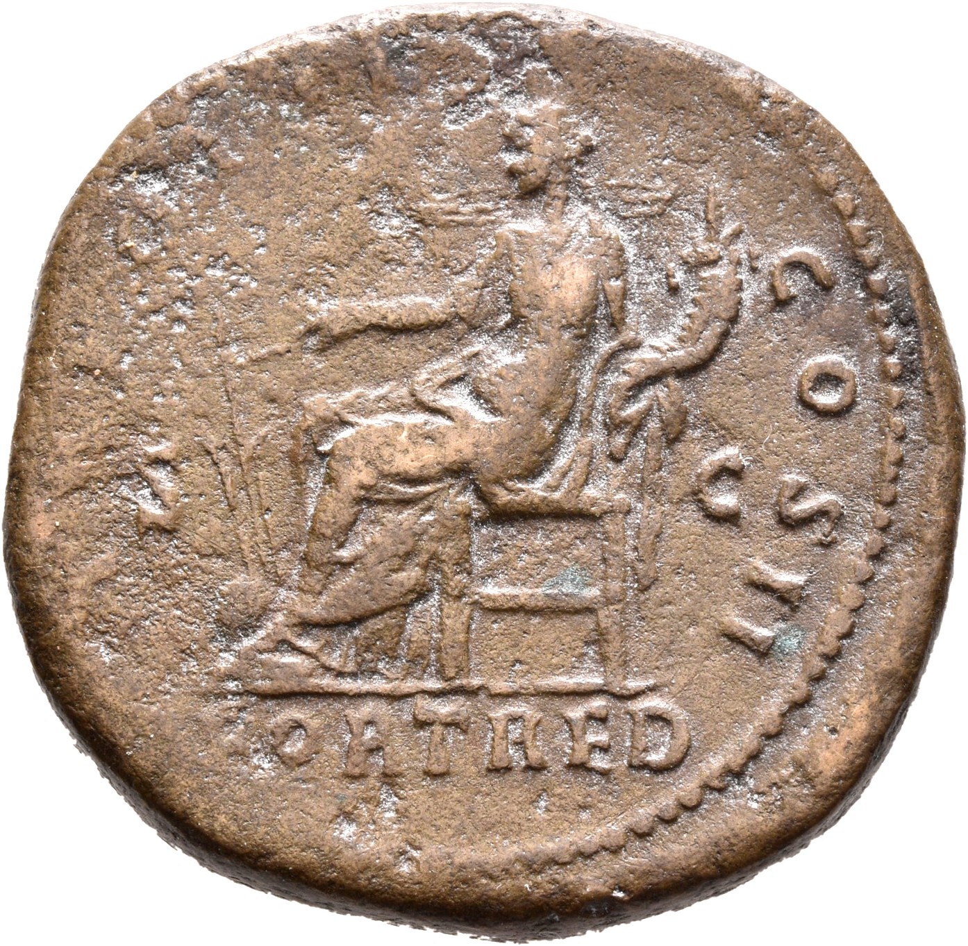 RIC III Marcus Aurelius 1342 Marcus Aurelius reverse, Fortuna, draped, seated left on low seat, holding rudder set on glob...