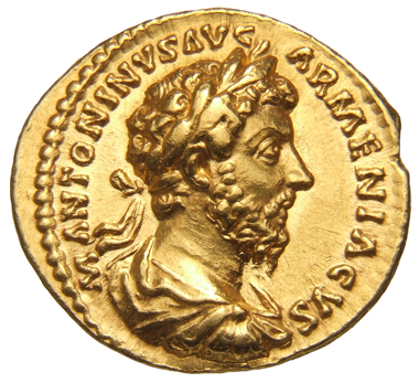 RIC III Marcus Aurelius 136 Marcus Aurelius obverse, Bust of Marcus Aurelius, laureate, draped, cuirassed, right
