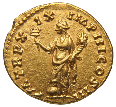 RIC III Marcus Aurelius 136 Marcus Aurelius reverse, Felicitas, draped, standing left, holding caduceus in right hand and ...