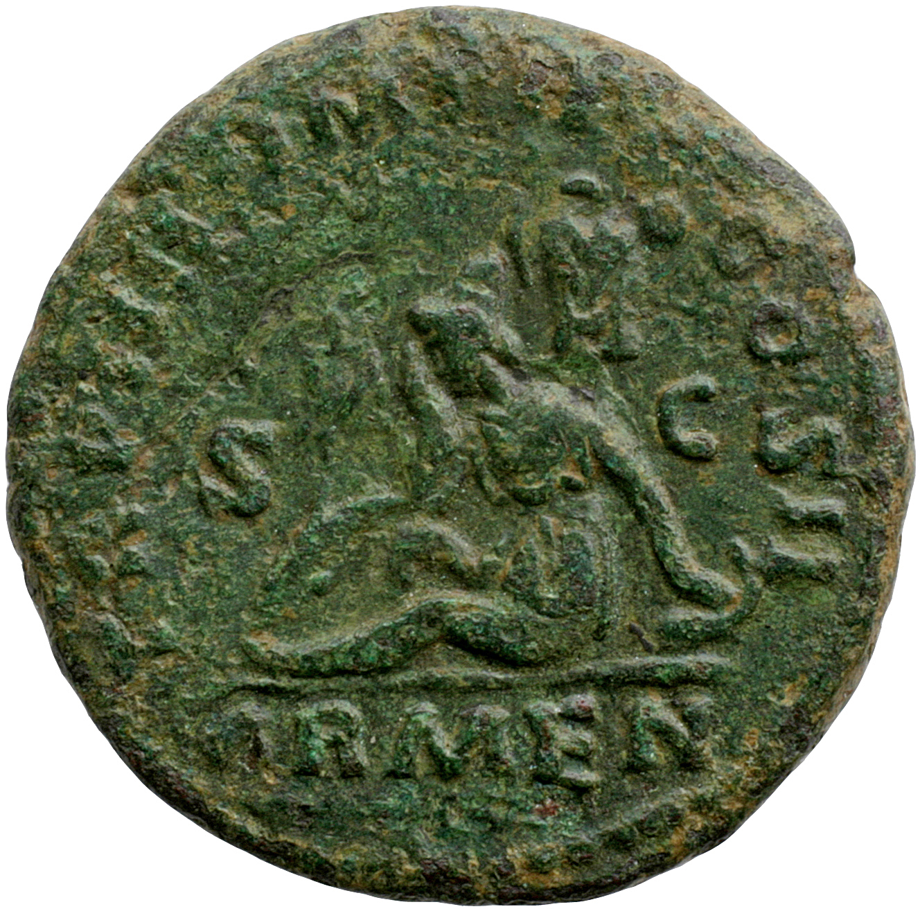 RIC III Marcus Aurelius 1364 Marcus Aurelius reverse, Armenia, draped, seated left, left hand resting on shields; before h...
