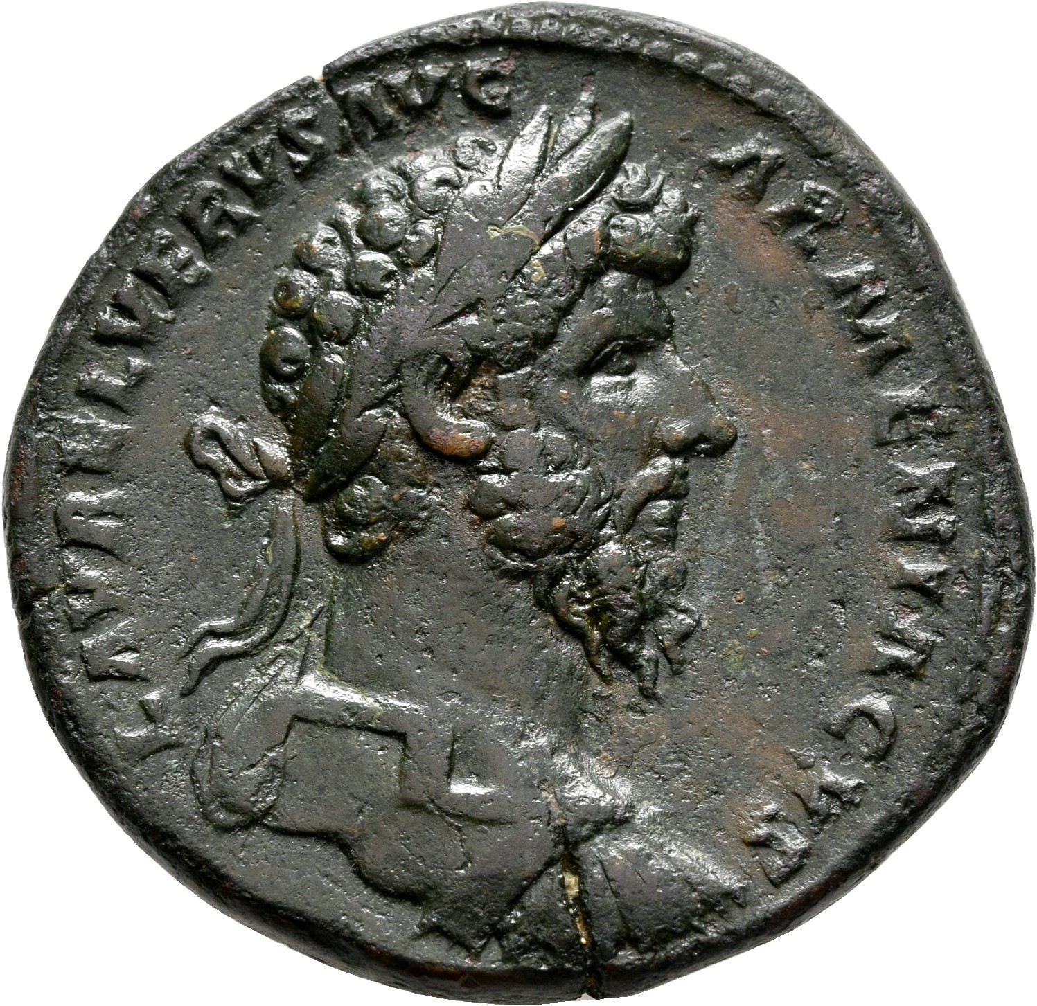 RIC III Marcus Aurelius 1408 Marcus Aurelius obverse, Bust of Lucius Verus, bare-headed, cuirassed, right