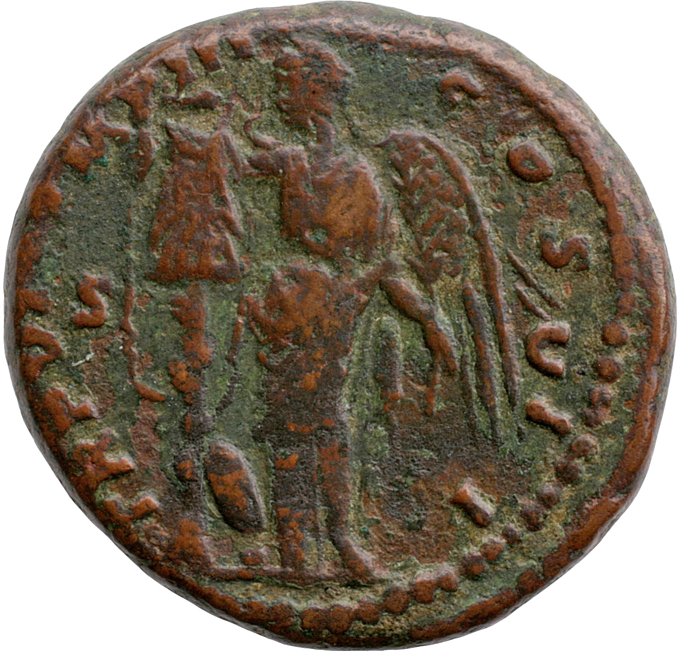 RIC III Marcus Aurelius 1448 Marcus Aurelius reverse, Victory, winged, draped, standing left, setting right hand on trophy...