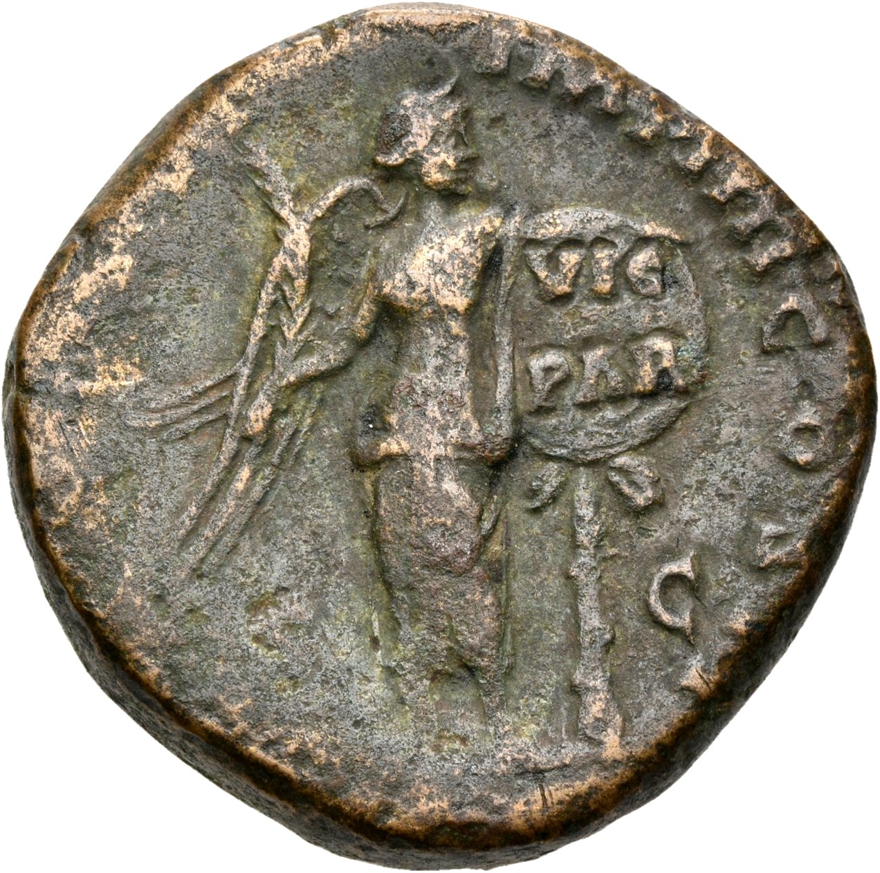 RIC III Marcus Aurelius 1456 Marcus Aurelius reverse, Victory, winged, half-draped, standing front, head right, fixing to ...