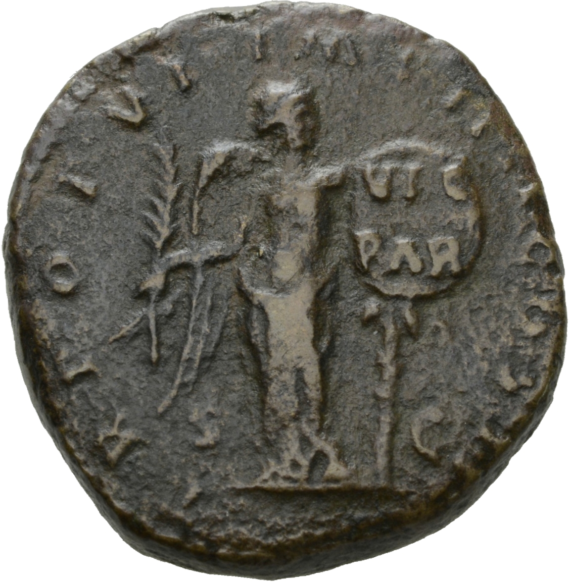 RIC III Marcus Aurelius 1458 Marcus Aurelius reverse, Victory, winged, half-draped, standing front, head right, fixing to ...