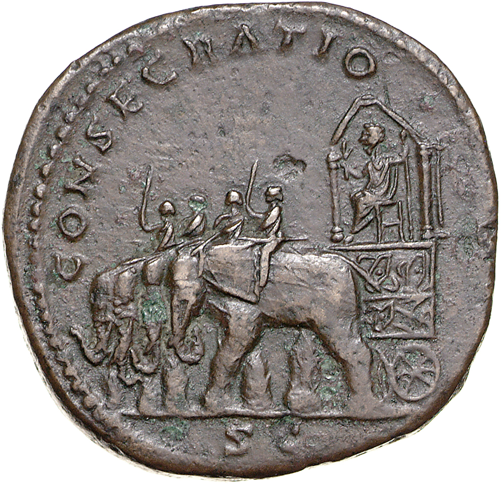 RIC III Marcus Aurelius 1507 Marcus Aurelius reverse, Lucius Verus, seated left in quadriga drawn by four elephants, on ea...