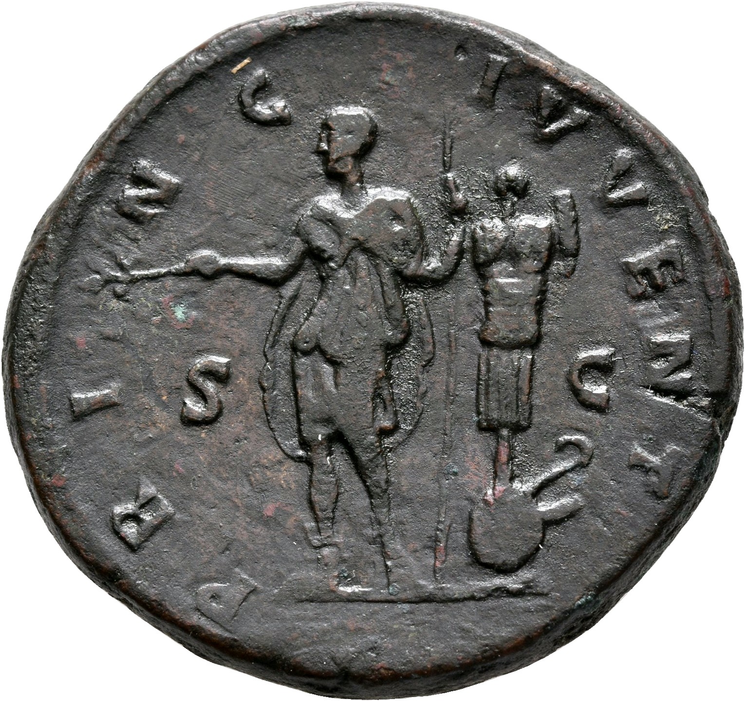 RIC III Marcus Aurelius 1527 Marcus Aurelius reverse, Commodus, in military attire, standing left, holding branch in right...