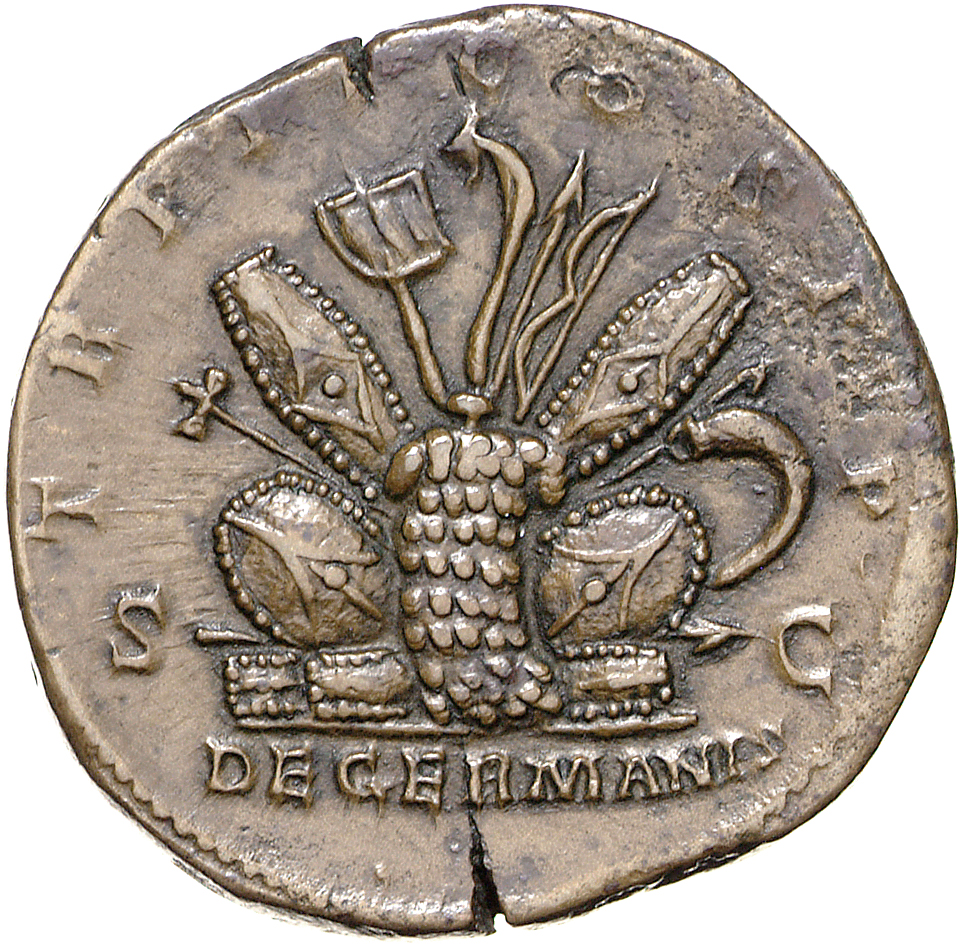 RIC III Marcus Aurelius 1569 Marcus Aurelius reverse, Pile of arms: cuirass, shields, spears, trumpets, etc