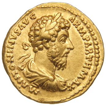 RIC III Marcus Aurelius 160 Marcus Aurelius obverse, Bust of Marcus Aurelius, laureate, draped, cuirassed, right