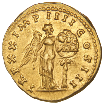 RIC III Marcus Aurelius 160 Marcus Aurelius reverse, Victory, naked to waist, standing front, head right, holding palm, up...