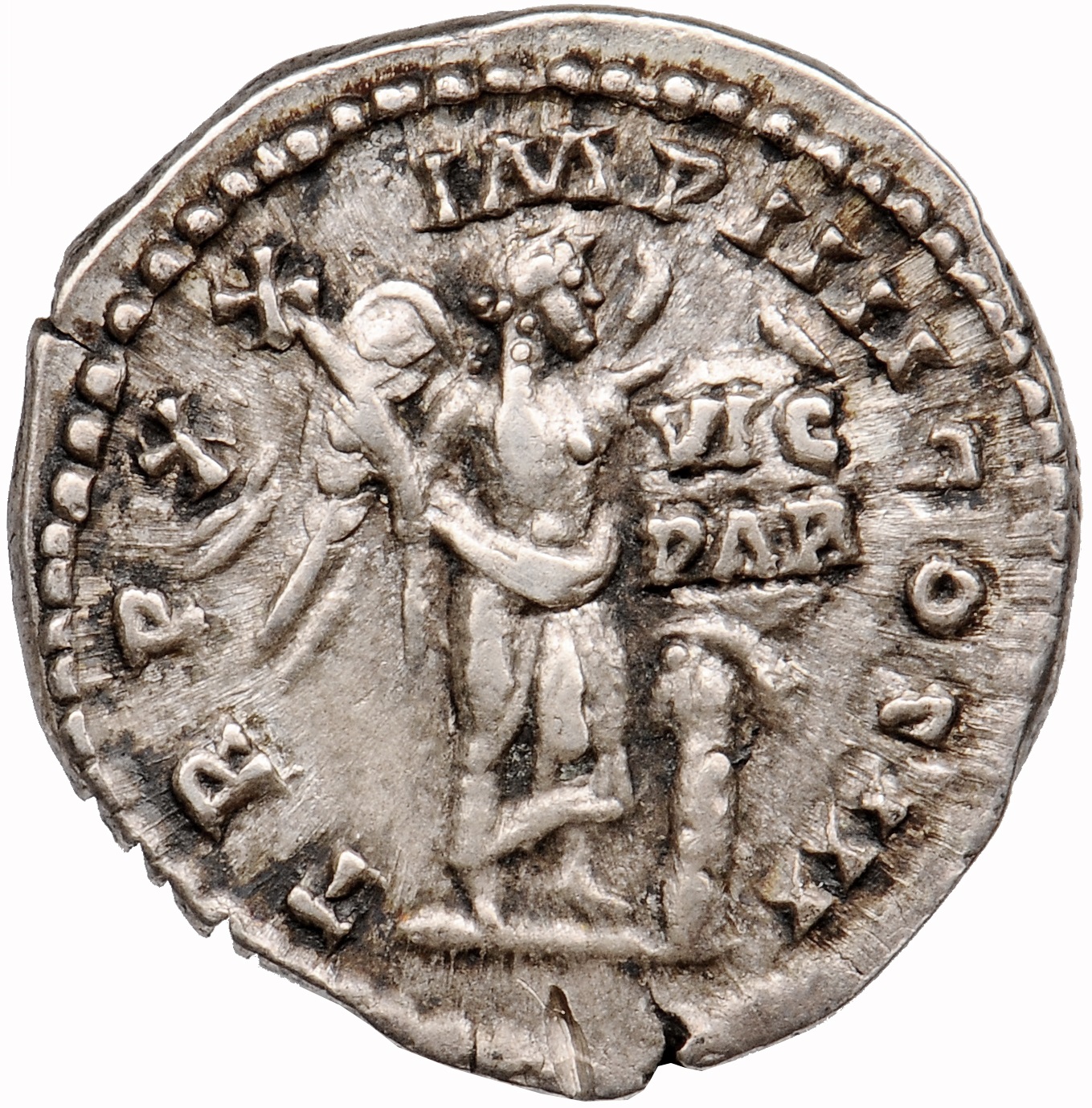 RIC III Marcus Aurelius 163 Marcus Aurelius reverse, Victory, naked to waist, standing front, head right, holding palm, up...
