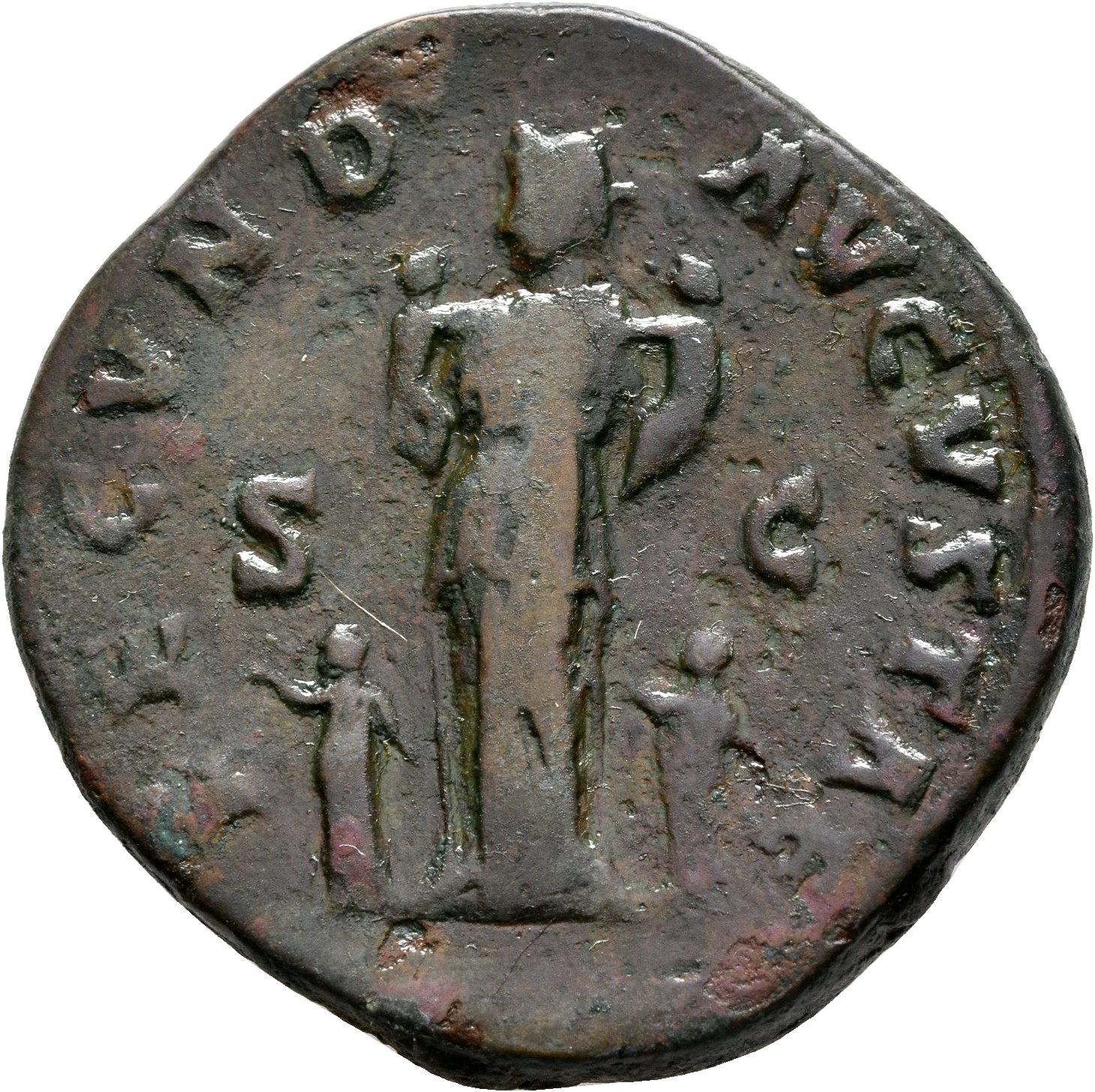 RIC III Marcus Aurelius 1635 Marcus Aurelius reverse, Fecunditas, draped, standing left, between two children and holding ...