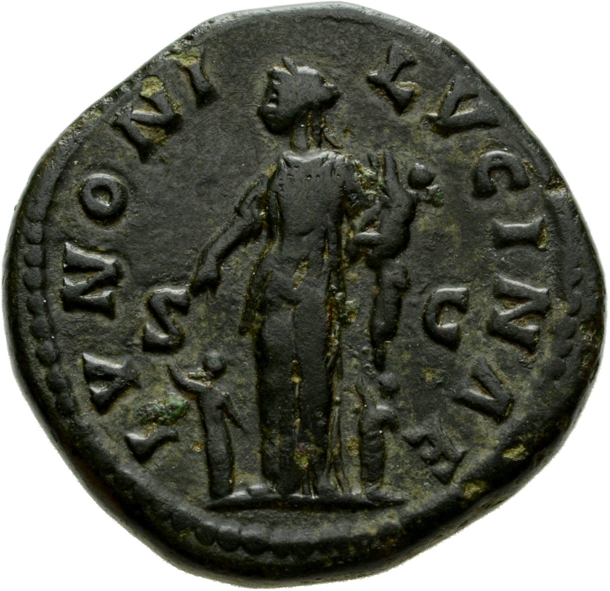RIC III Marcus Aurelius 1650 Marcus Aurelius reverse, Juno (or Faustina), draped, standing left between two children and h...