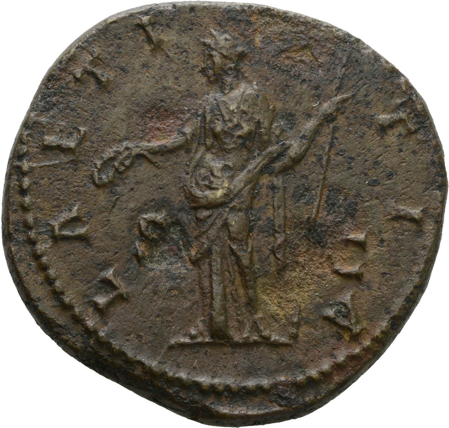 RIC III Marcus Aurelius 1654 Marcus Aurelius reverse, Laetitia, draped, standing front, head left, holding wreath in right...