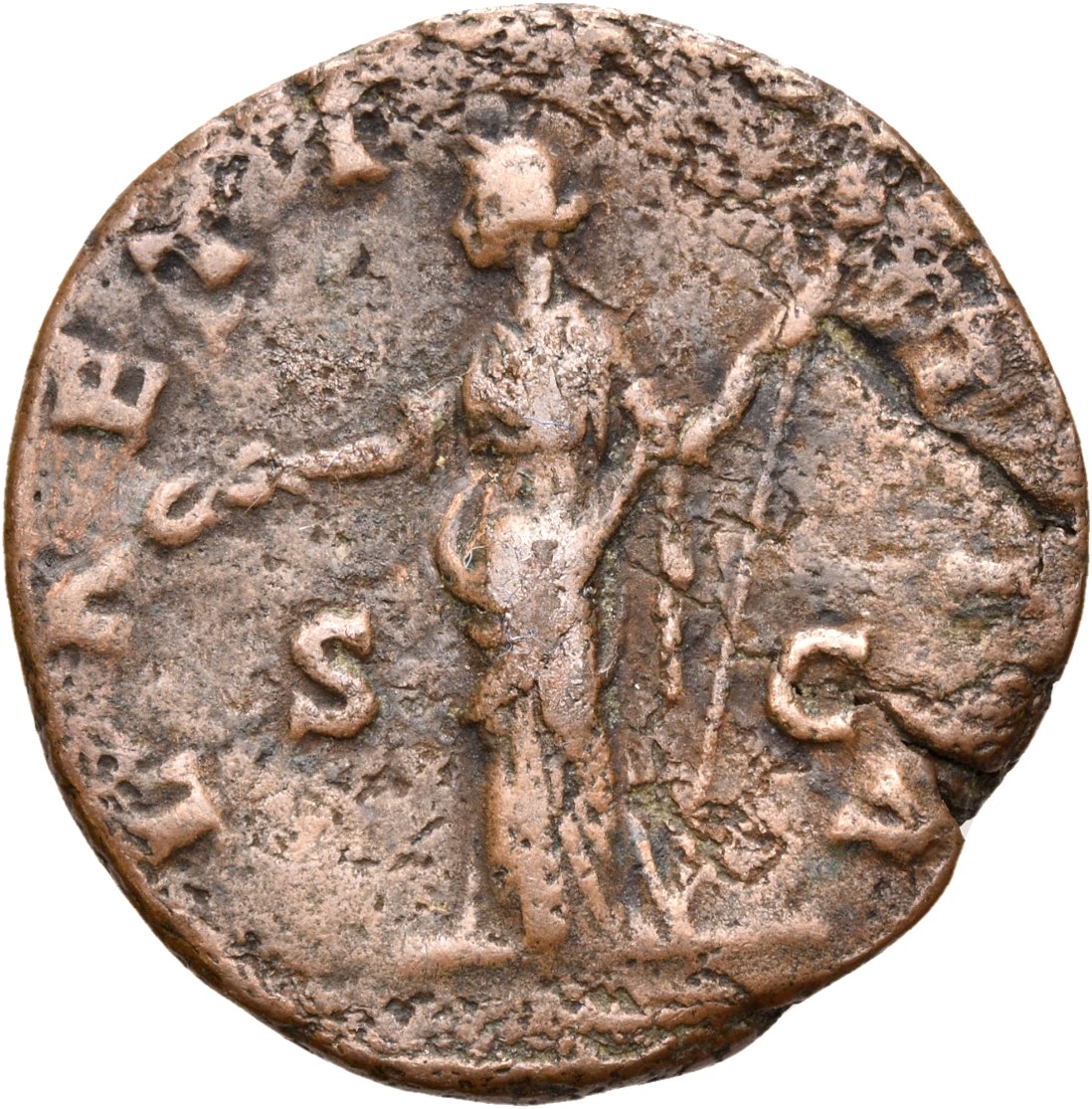 RIC III Marcus Aurelius 1656 Marcus Aurelius reverse, Laetitia, draped, standing front, head left, holding wreath in right...