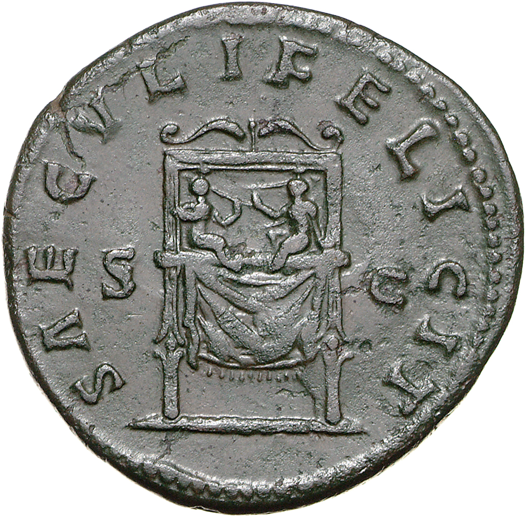 RIC III Marcus Aurelius 1665 Marcus Aurelius reverse, Throne (pulvinar), draped and ornamented, on which are two baby boys...