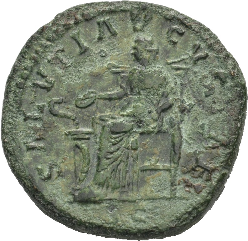 RIC III Marcus Aurelius 1671 Marcus Aurelius reverse, Salus, draped, seated left on low seat, feeding from patera in right...