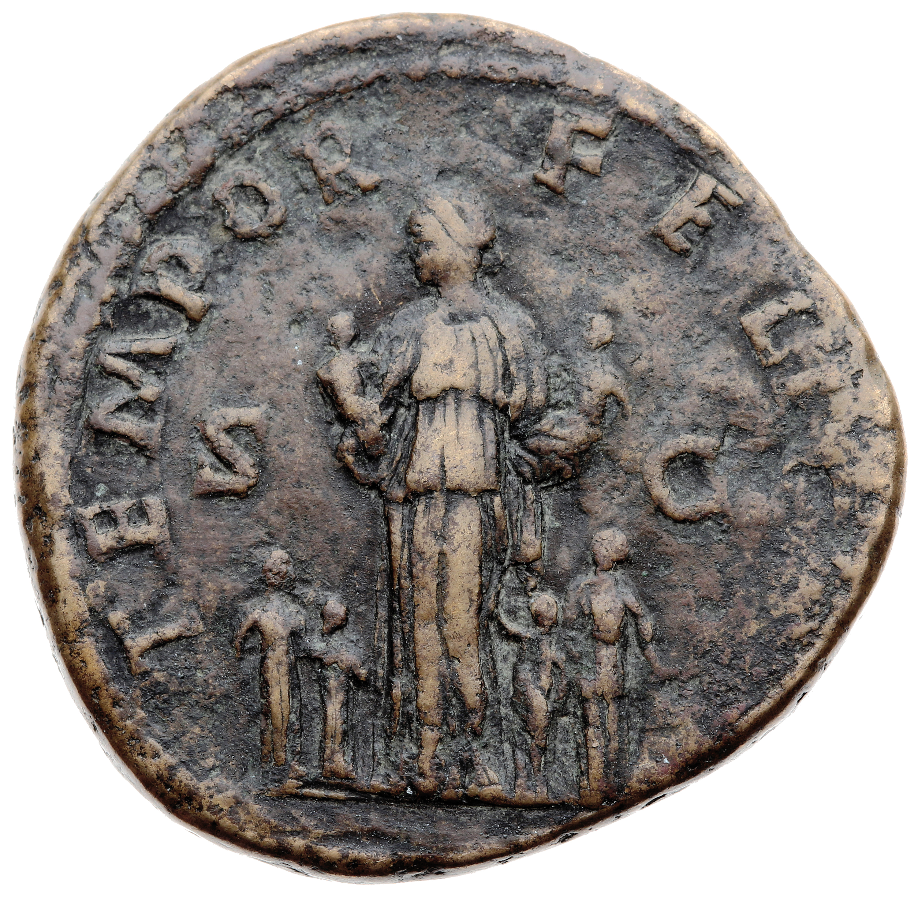 RIC III Marcus Aurelius 1673 Marcus Aurelius reverse, Faustina, draped, standing left between four children and holding tw...